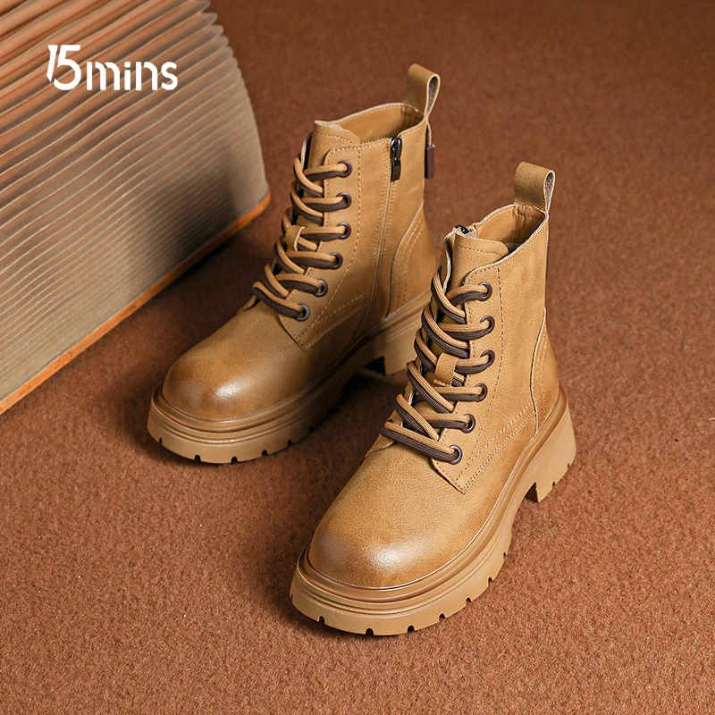 15mins高帮马丁靴女2024年新款秋冬季中帮女靴系带大黄靴粗跟短靴
