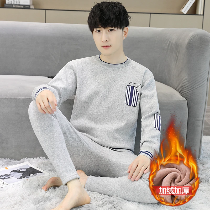 冬季保暖内衣秋衣秋裤打底圆领加厚加绒秋冬男士青少年内衣套装