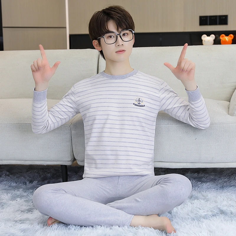 男士青少年全棉中领秋衣秋裤纯棉保暖内衣套装打底棉毛衫