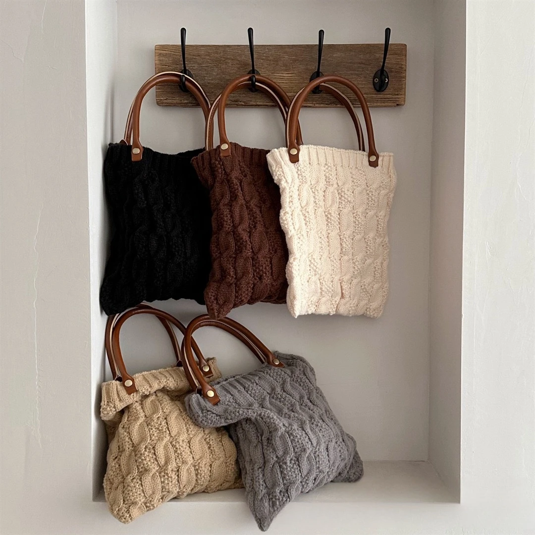 新款日系秋冬针织手提包女网红ins编制粗纹手拎包亲子款洋气百搭