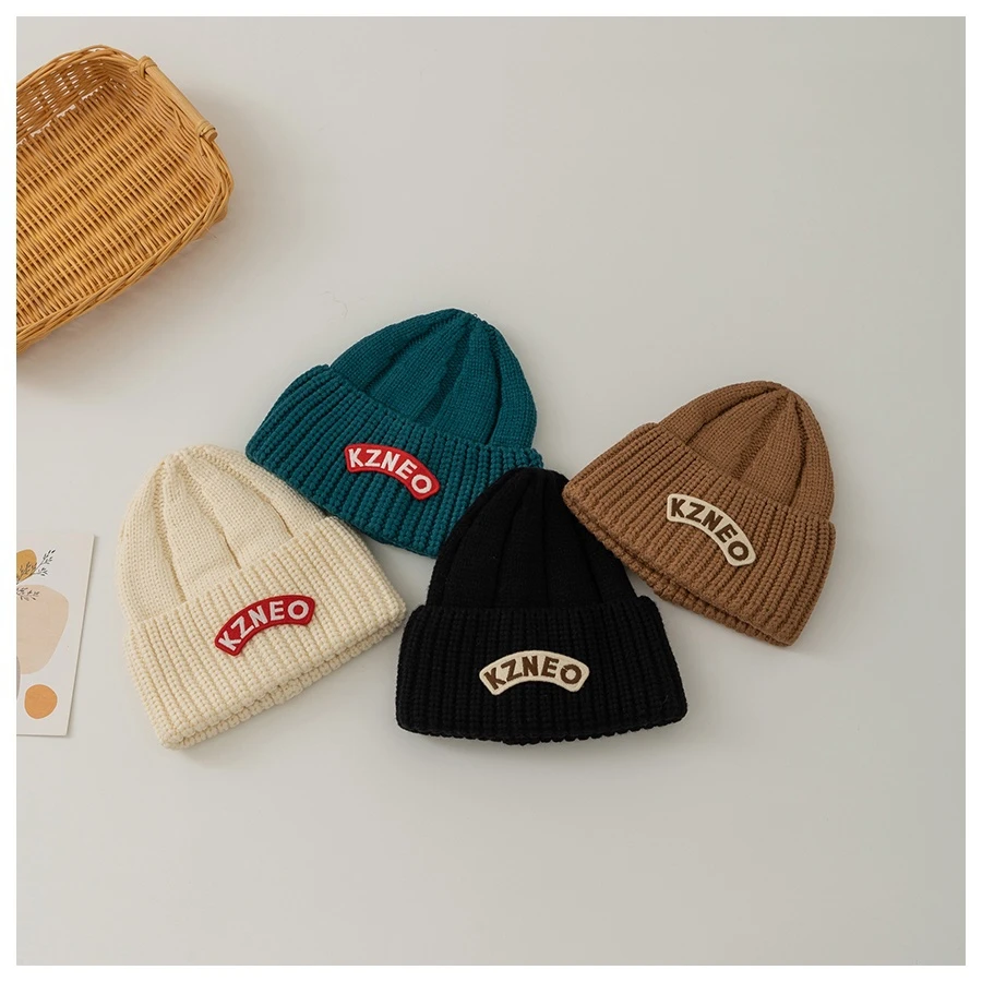 宝宝帽子冬季保暖针织帽ins韩国个性小标男童女童保暖百搭毛线帽