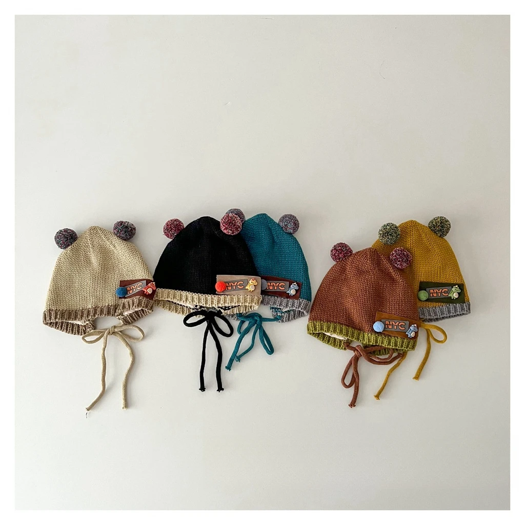 儿童护耳帽超萌卡其字母标儿童针织帽秋冬季宝宝加厚保暖包头帽潮