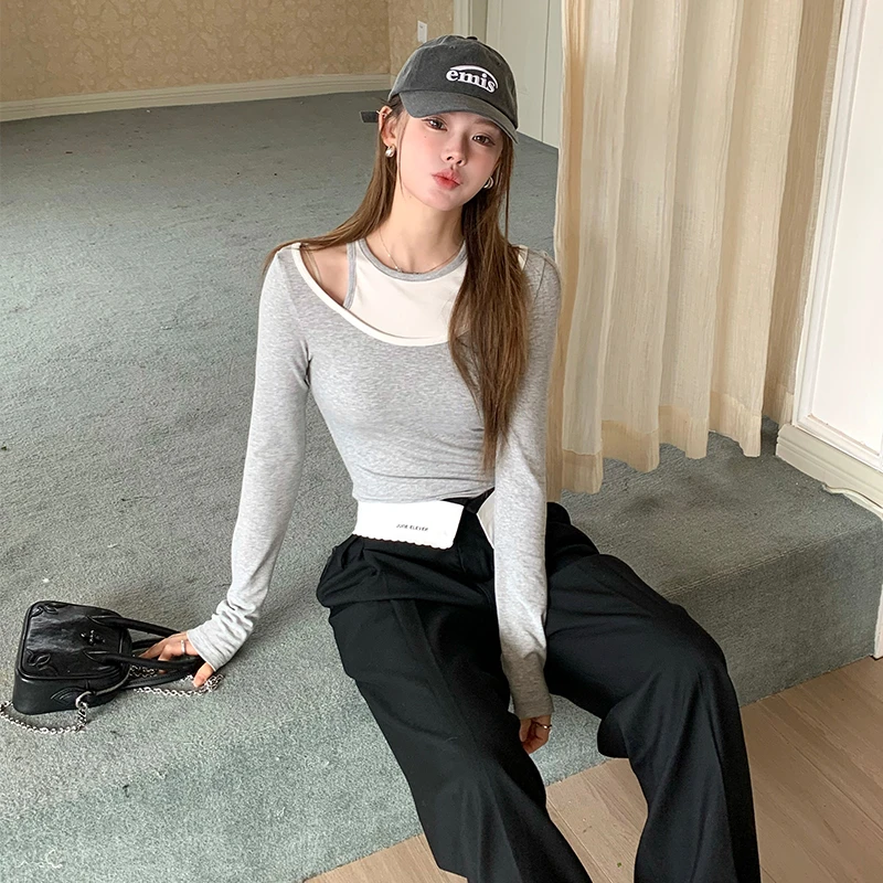 June Eleven灰色假两件露肩上衣 设计感修身通勤长袖上衣