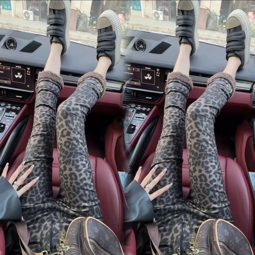 2024秋冬新款加厚欧美风爆款时尚显瘦豹纹涂层皮裤女加绒烟管裤潮