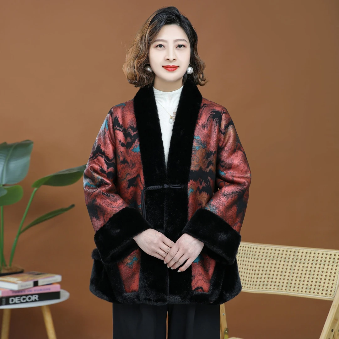 【琳达缇】皮毛一体烫金七彩瑶琳红黑毛毛外套妈妈装2024秋冬新中式