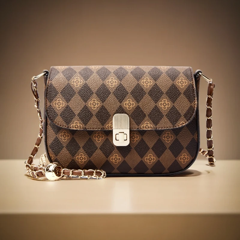 新款时尚格子休闲高级感通勤百搭风女士单肩斜挎链条包cc