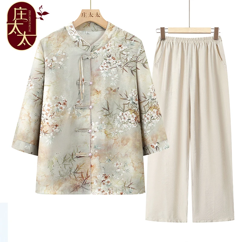 奶奶装夏季七分袖盘扣衬衫女中老年人夏装薄款小衫上衣老太太衣服