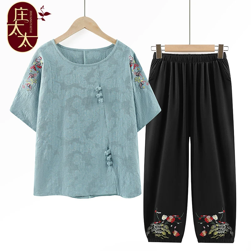 奶奶装老人衣服两件套装大码印花中老年女夏装上衣妈妈短袖绣花