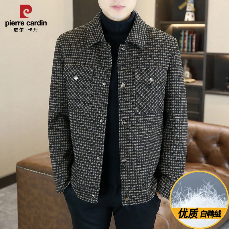 皮尔卡丹2024冬季男士休闲翻领羽绒夹克商务时尚百搭保暖提花外套