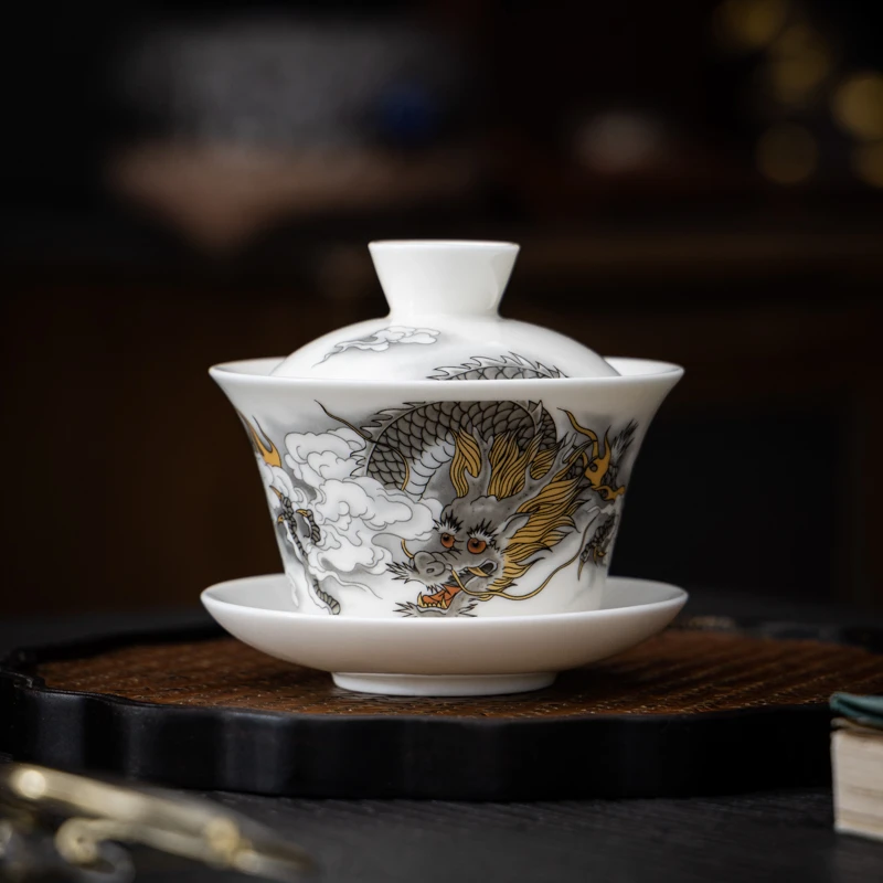 新款德化县停三才盖碗羊脂玉瓷功夫茶具家用山水中式高档陶瓷茶碗