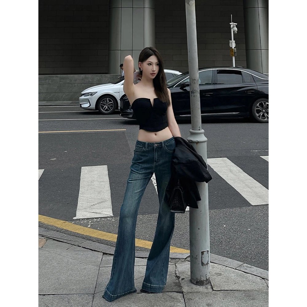 IFMR复古蓝秋季新款辣妹设计感低腰牛仔喇叭裤修身显腿长微拖地裤