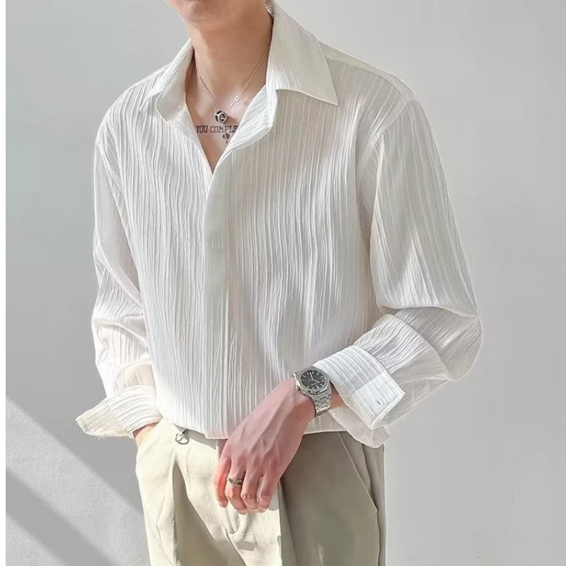 韩版宽松褶皱感长袖衬衫男士ins春秋潮流高级感痞帅休闲免烫衬衣