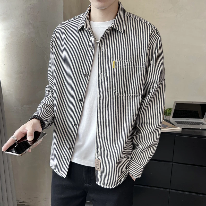 衬衫男士春秋季2025年新款潮牌休闲痞帅宽松条纹衬衣长袖秋装外套