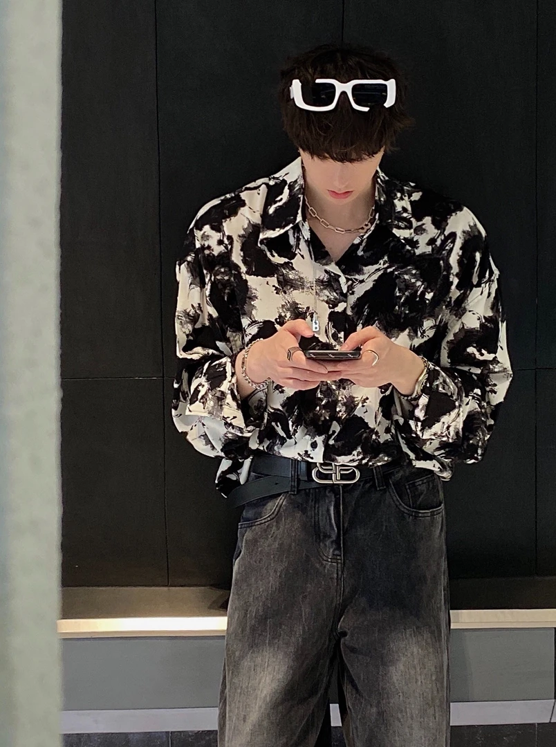 韩版水墨画男士衬衫长袖冰丝潮上衣新款潮流宽松休闲衬衣痞帅高级