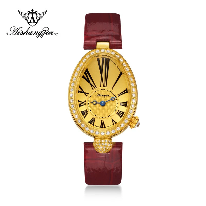 A{水滴皇后}足金黄金制品, 简约款镶钻腕表鹅蛋型女士腕表8339L