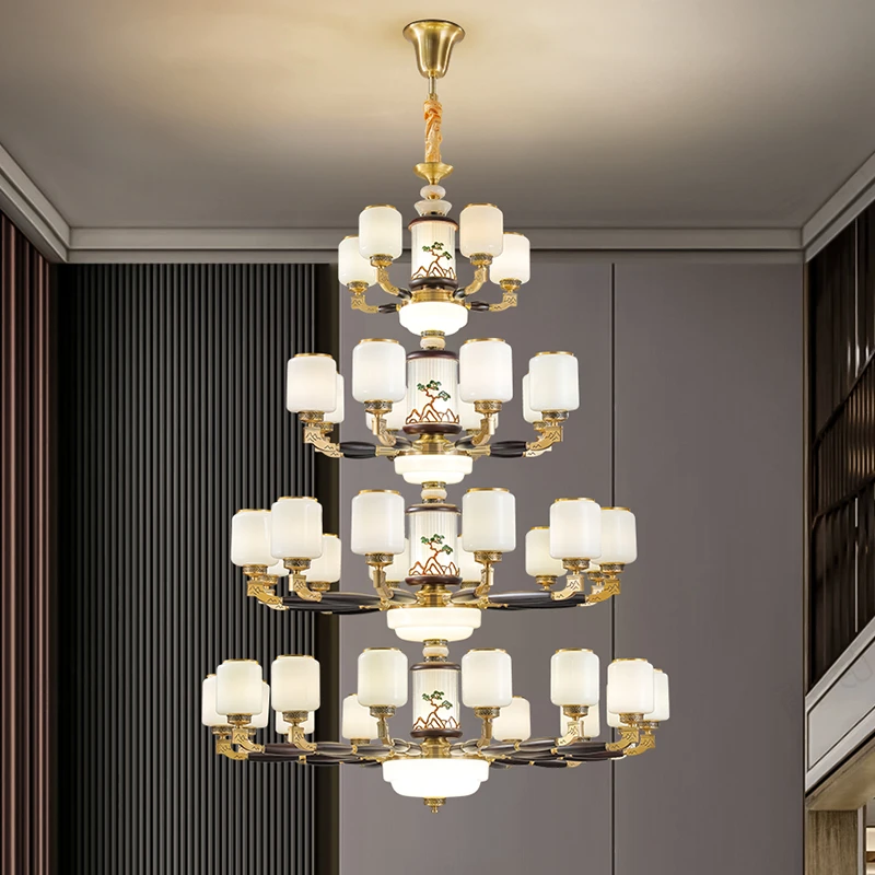 新中式复式别墅挑空铜加实木中国风经典吊灯客厅复式中空大吊灯具