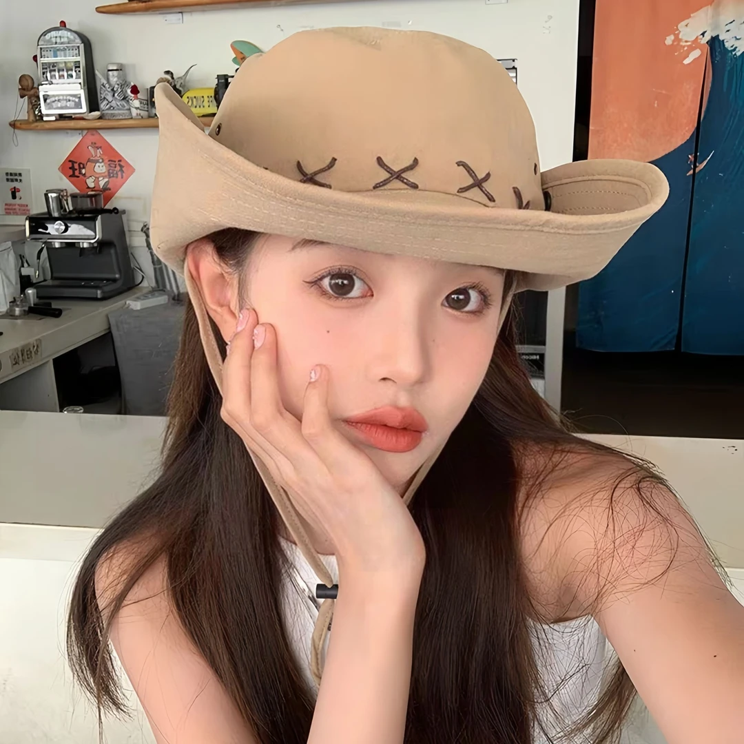 西部牛仔帽女夏季大帽檐露营登山帽防紫外线渔夫帽大头围防晒帽子