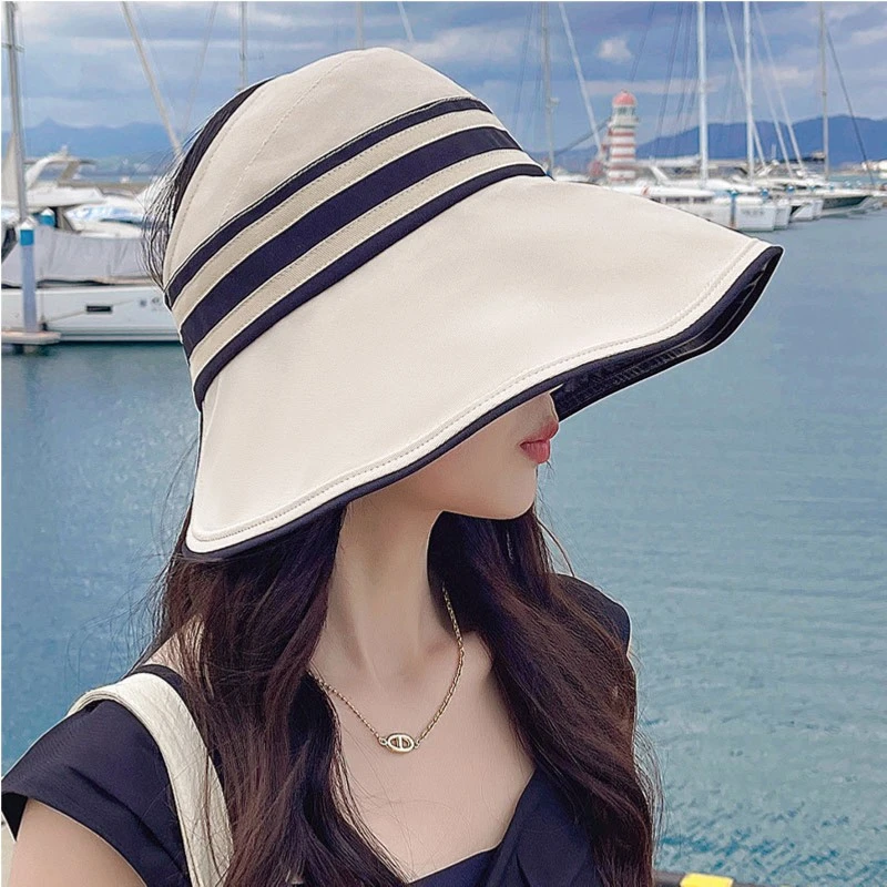 夏季遮脸遮阳大檐渔夫帽女防晒帽女士防紫外线黑胶帽空顶太阳帽子