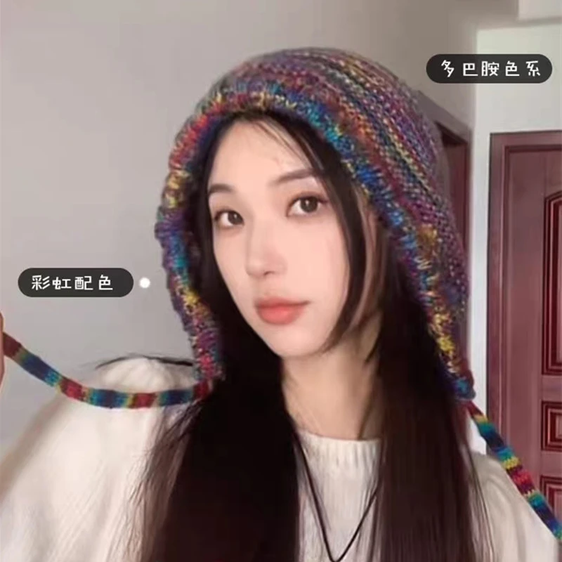 韩版彩虹渐变毛线帽子女冬季显脸小包头帽民族风保暖针织帽雷锋帽