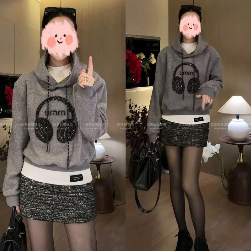 秋冬套装女2024新款爆款洋气卫衣T恤半身裙三件套装时尚连帽加绒