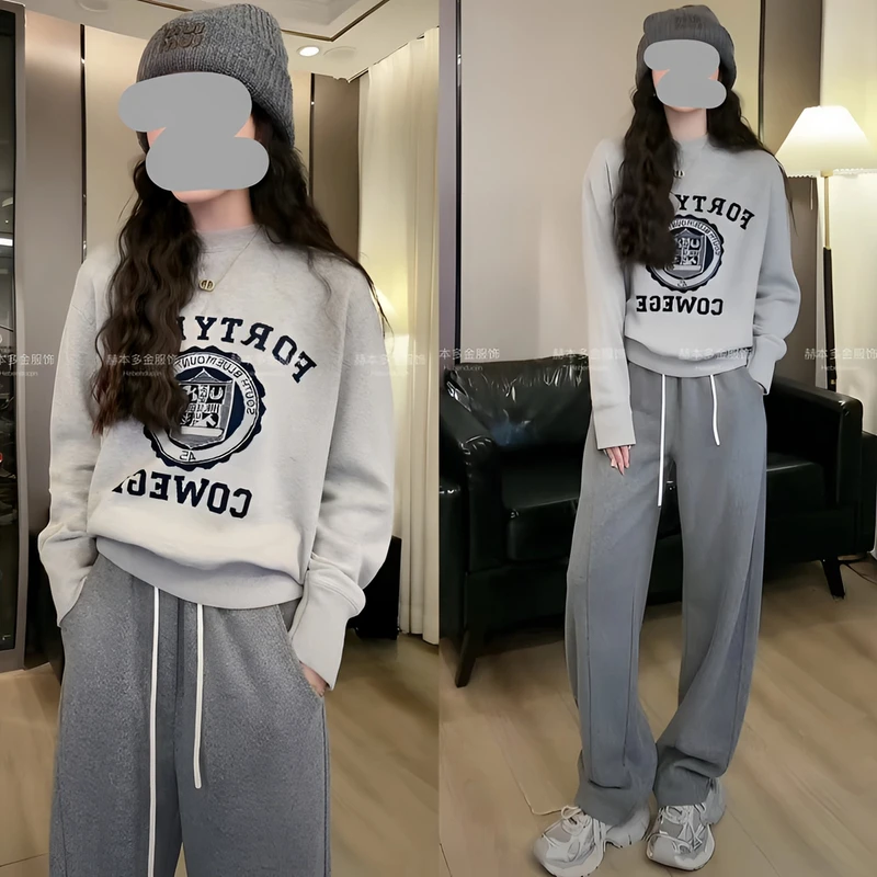 秋冬修身显瘦套头字母印花徽章长袖灰色卫衣百搭加绒直筒休闲卫裤