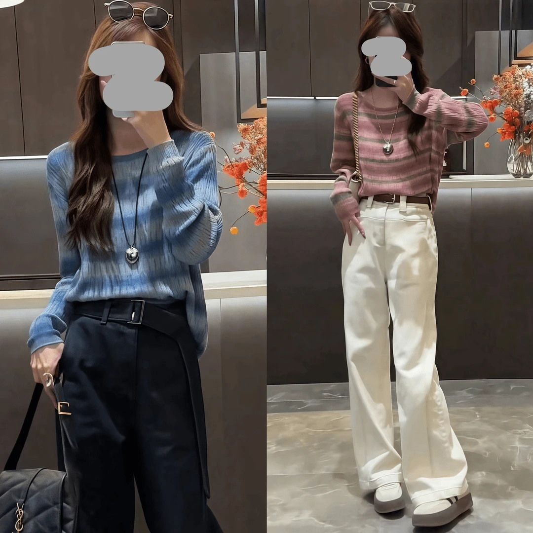 2024年秋修身显瘦百搭时尚洋气条纹撞色针织衫上衣直筒休闲牛仔裤
