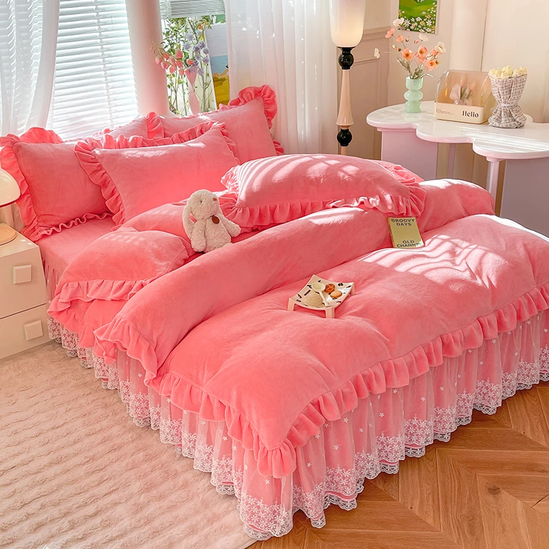 8-9斤加厚牛奶绒四件套床裙款双面绒韩版公主风加绒冬季三件套