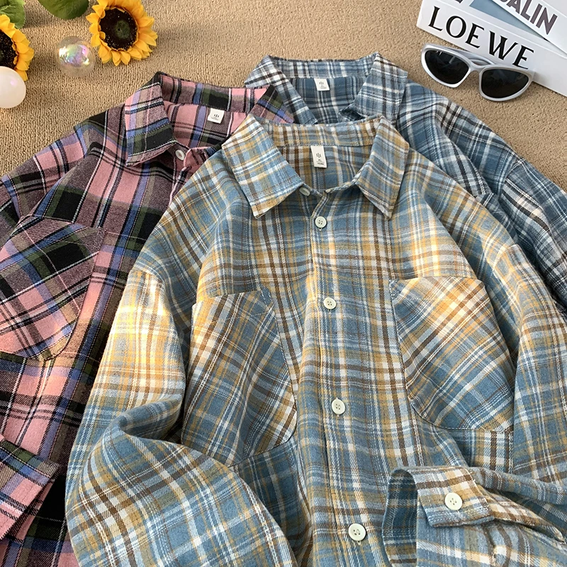 【富富】爆款格子衬衫男长袖学生复古潮牌内搭宽松大码外套