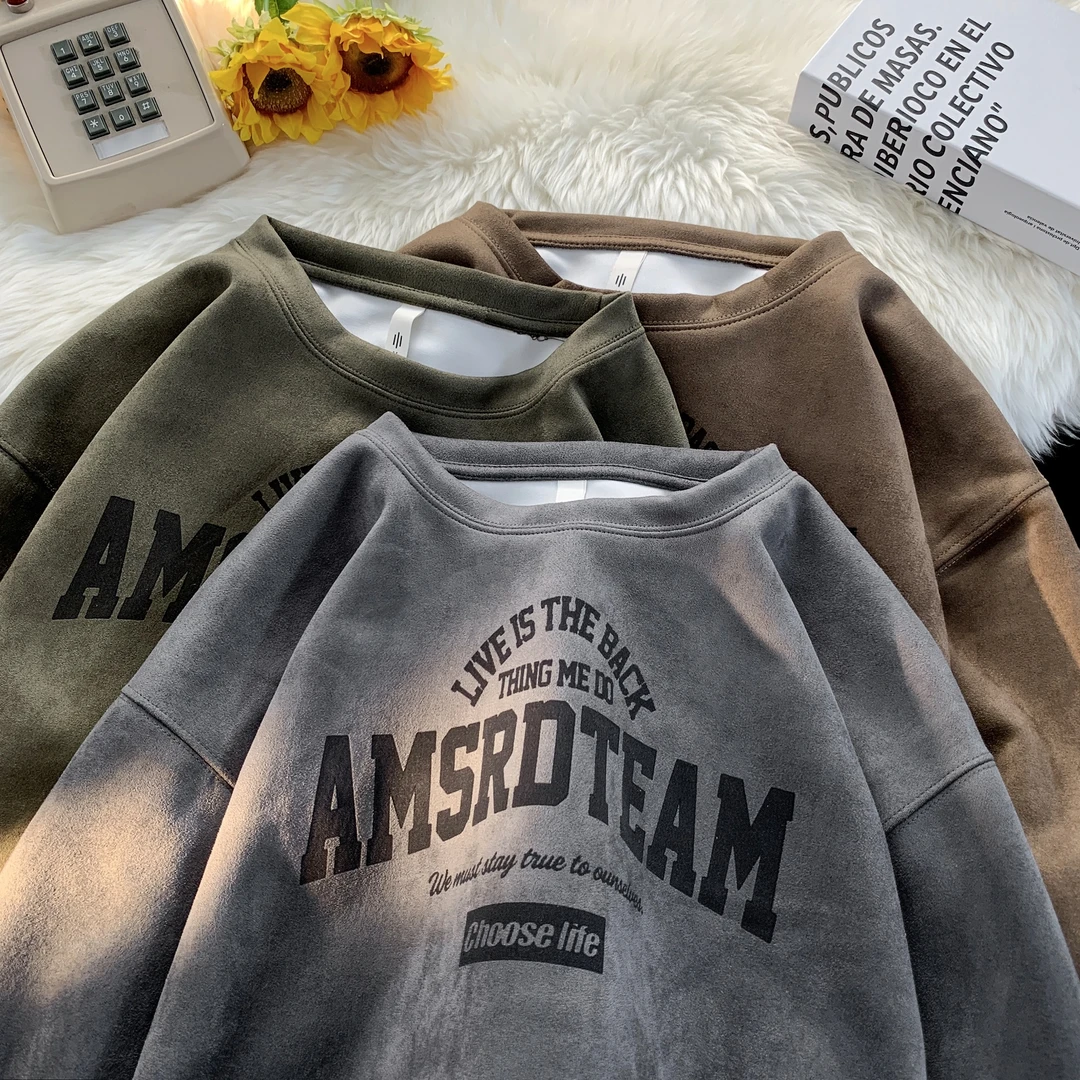 【富富】质感不起皱大码圆领/连帽 卫衣圆领上衣纯色烧花休闲重磅