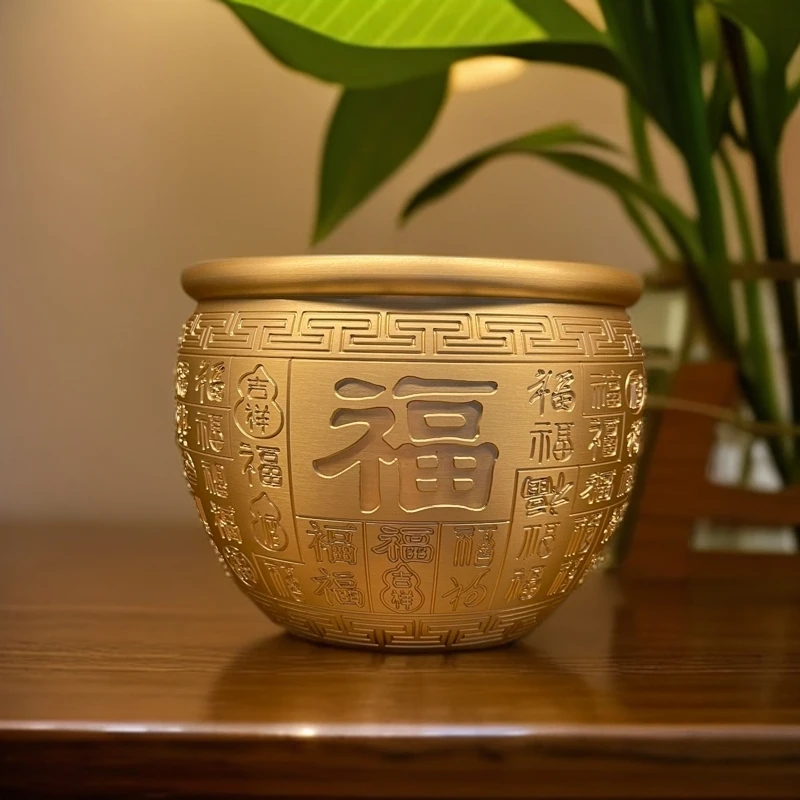 百福缸黄铜米缸招米聚米缸摆件家居客厅大号存钱罐复古金蝉百福缸