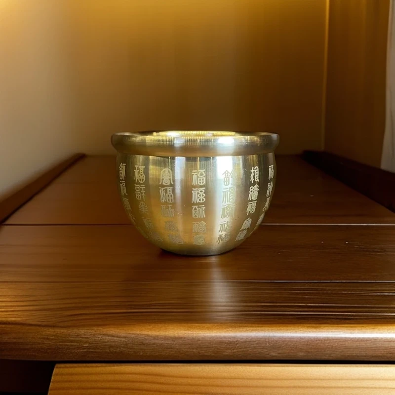 全黄铜茶碗小茶杯激光百福杯小酒杯百福缸米缸一口杯子聚宝盆摆件