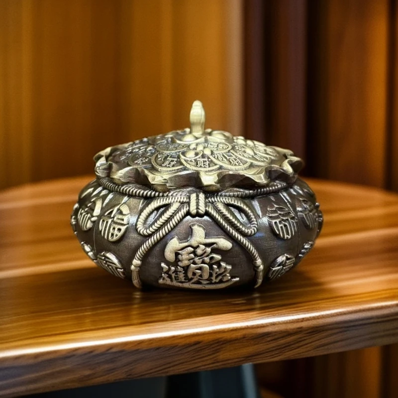 纯黄铜仿古烟灰缸带盖防飞灰财富满袋中式办公室铜摆件高端烟灰缸