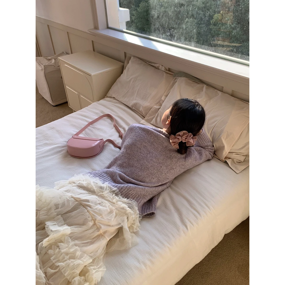 【清清浮力】韩恬静感羊毛混纺软糯圆领浅紫花色杂线长袖毛衣