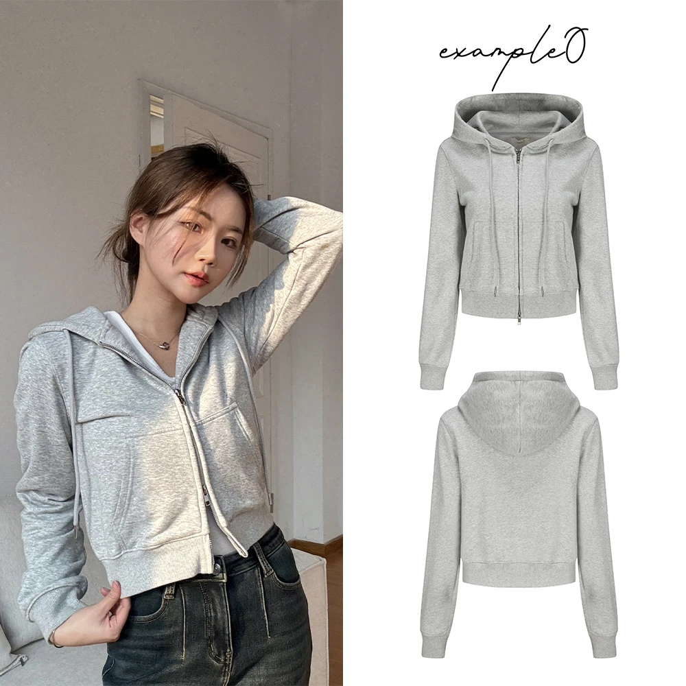 [清清浮力]百搭韩版短款灰色双拉链开衫带帽卫衣休闲连帽秋季运动