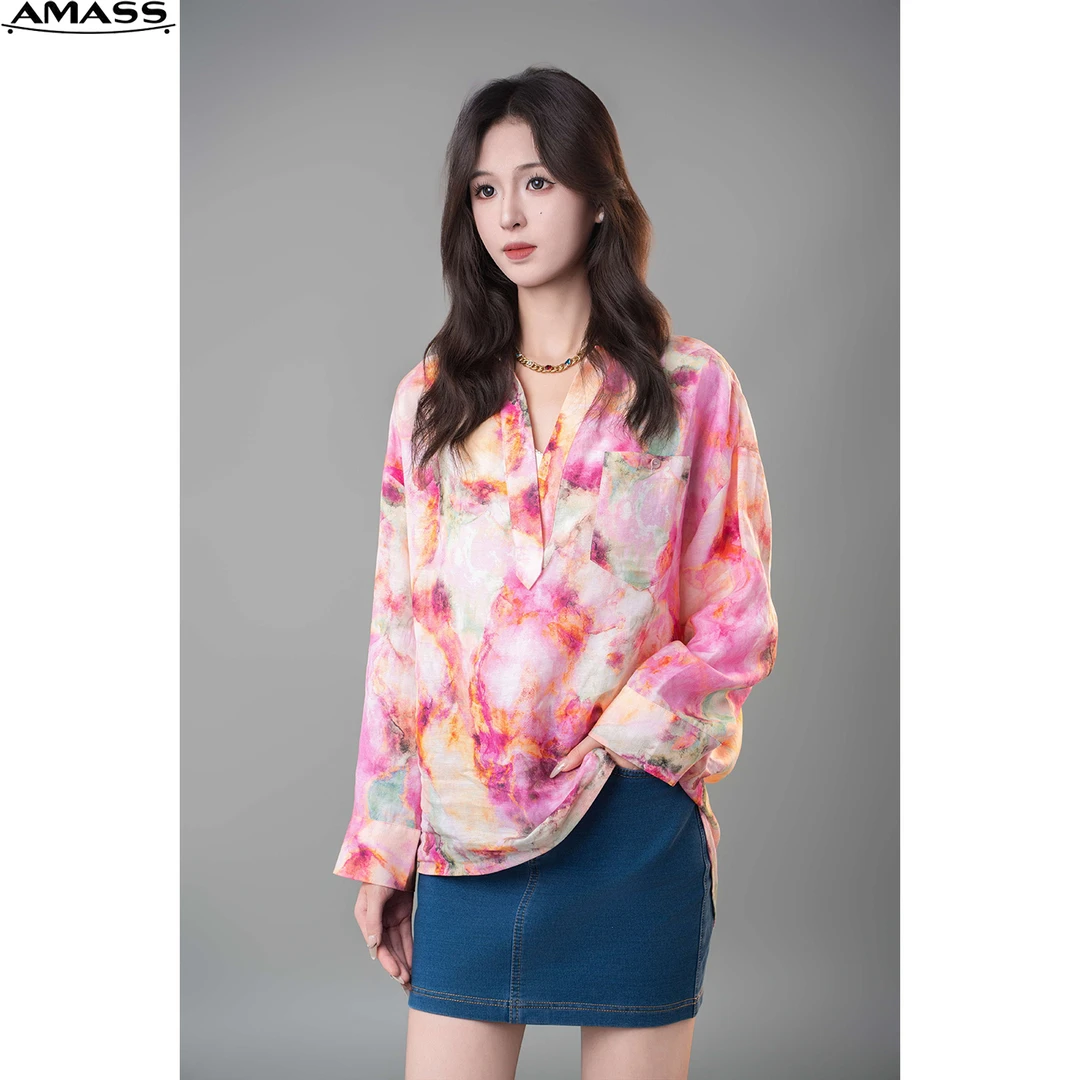 AMASS/阿玛施春夏新款水墨印花设计感时尚V领衬衫上衣女士5300724