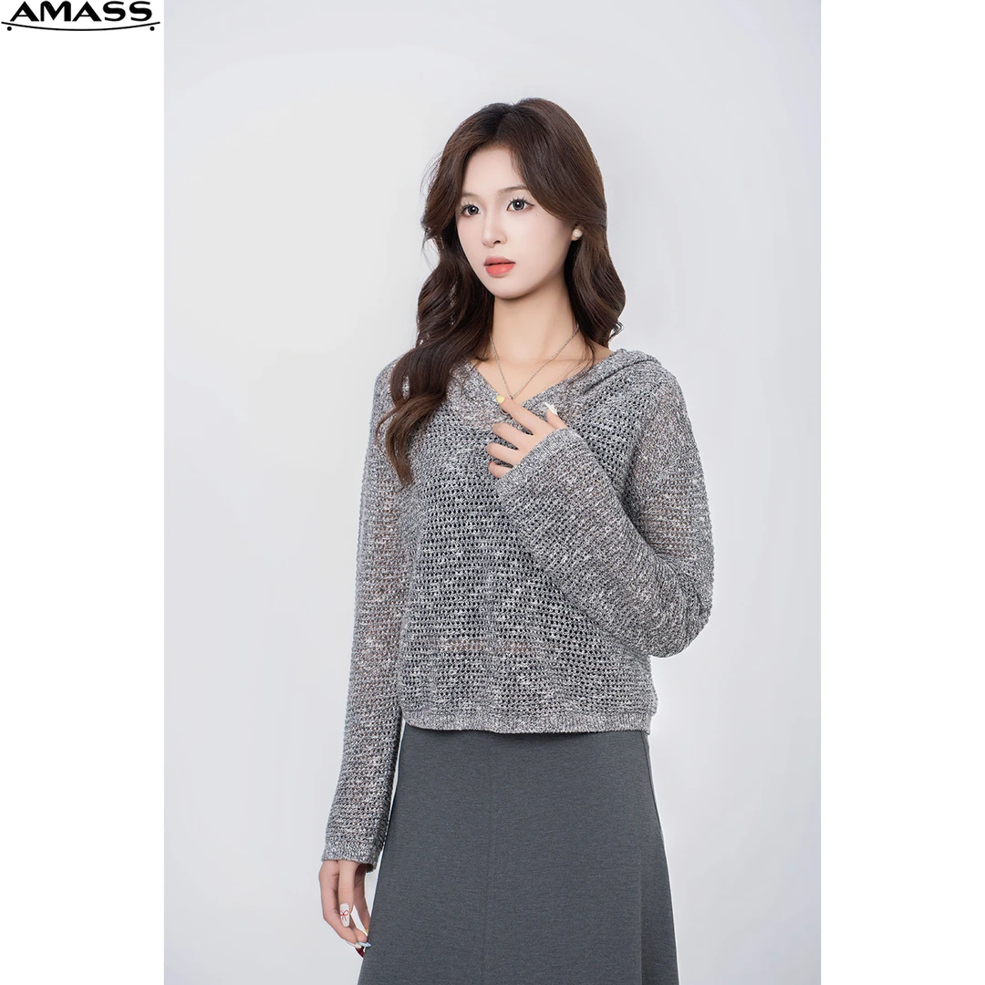 AMASS/阿玛施秋冬新款纯色v领长袖连帽针织衫时尚镂空百搭5399722