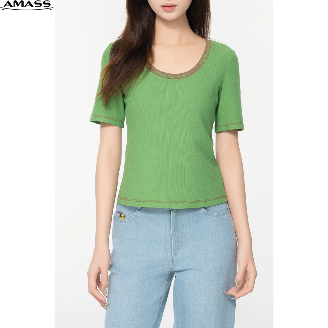 AMASS/阿玛施夏季新款时尚撞色休闲修身U领条纹短袖T恤女 5300759