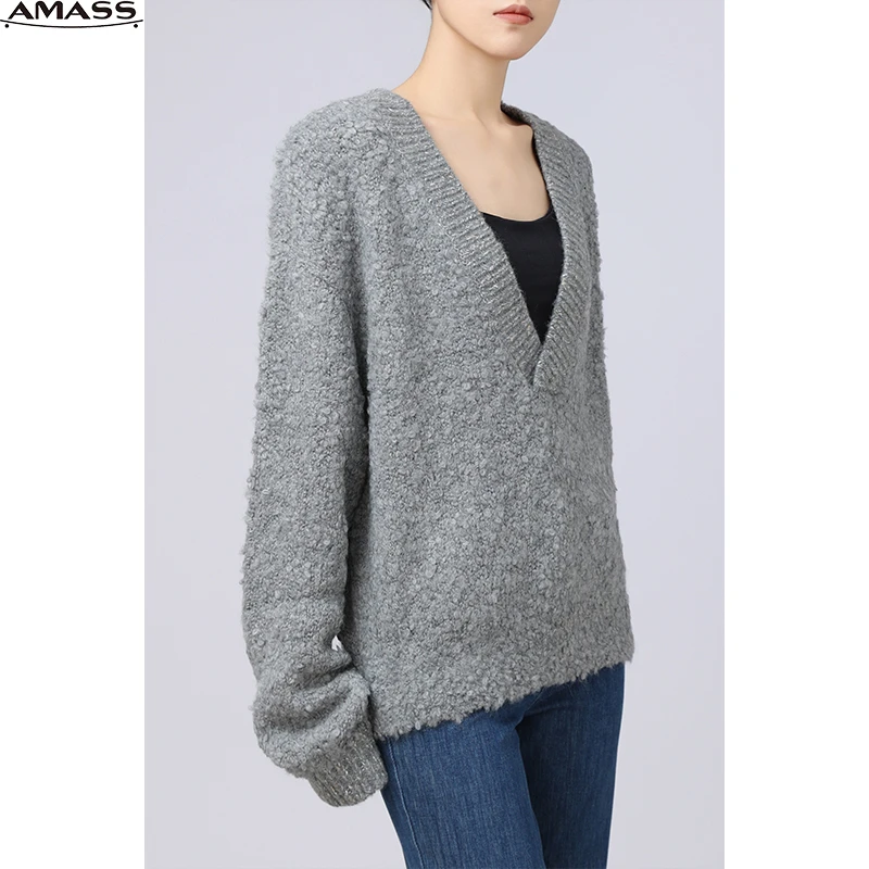 AMASS/阿玛施秋冬新款V领长袖宽松休闲慵懒风套头针织衫女5399762