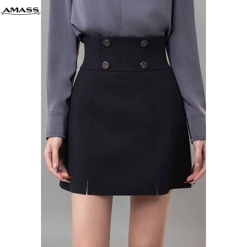 AMASS/阿玛施百搭时尚摩登学院风高腰双排扣开叉半身短裙 5200373