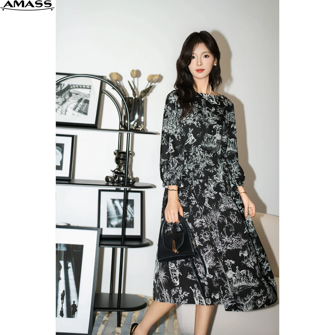 AMASS/阿玛施新款复古法式气质长袖印花连衣裙5500548（附腰带）