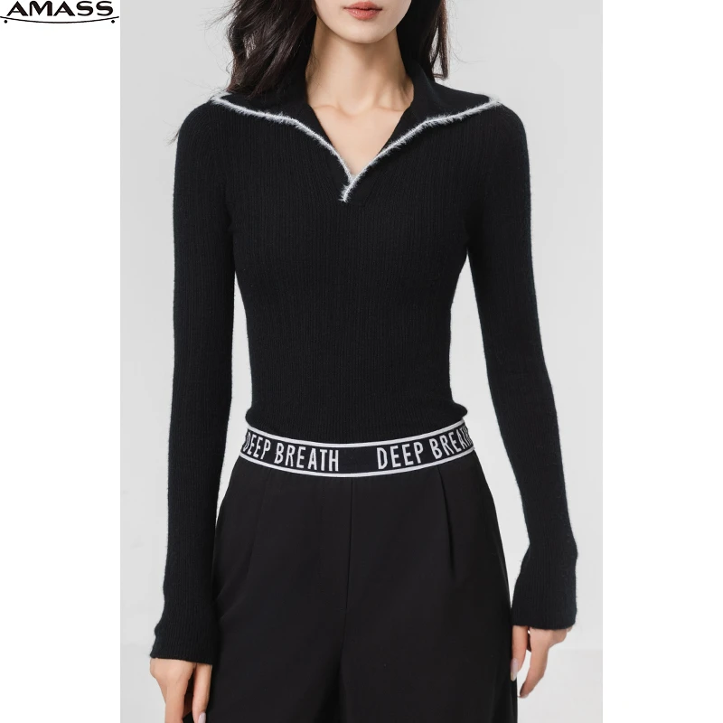 AMASS/阿玛施时髦新品气质修身小香polo领长袖舒适针织衫 5399635