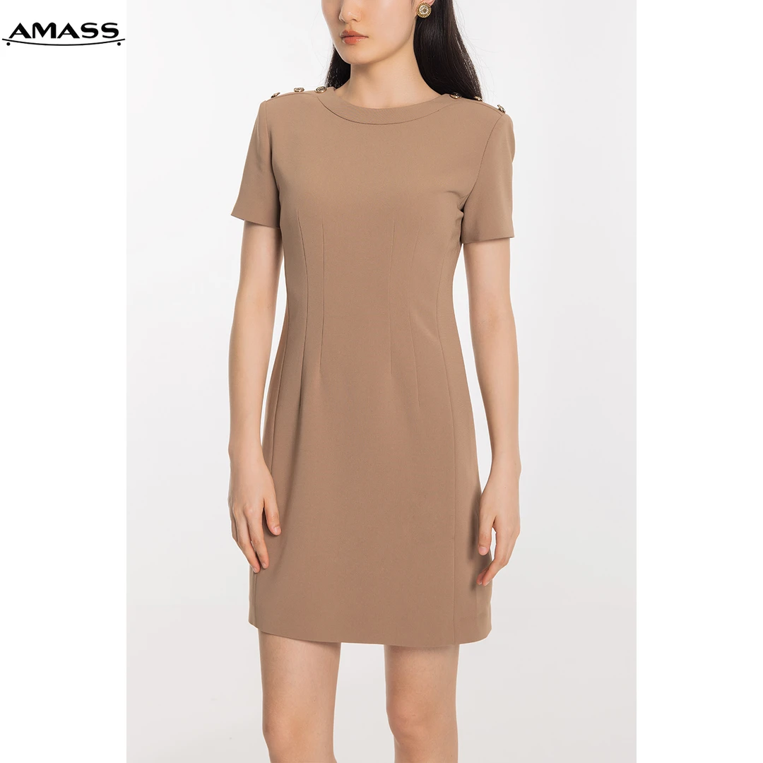 AMASS/阿玛施春夏经典时尚轻职风通勤肩章圆领显瘦连衣裙 5500457