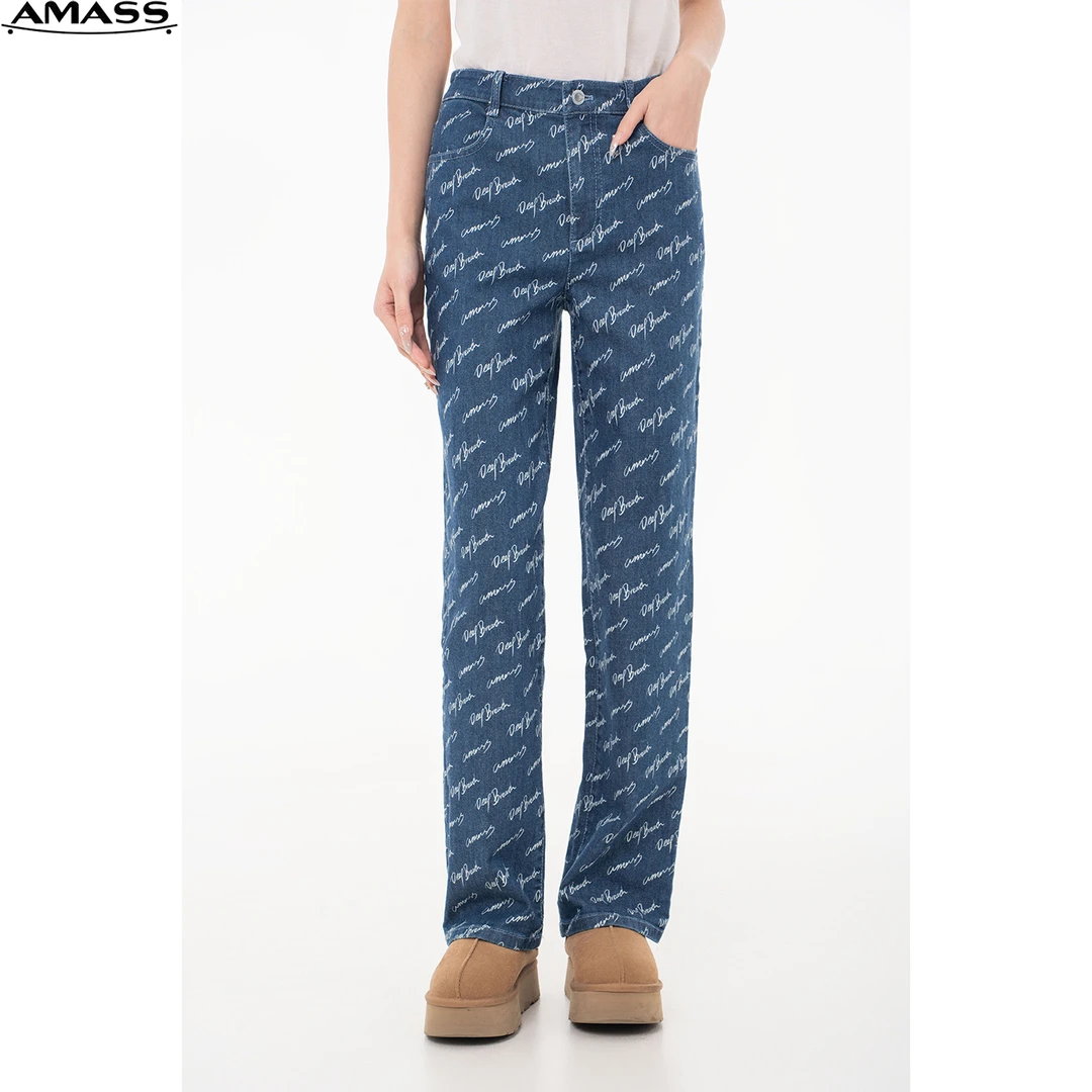 AMASS/阿玛施秋冬深呼吸满印字母中腰休闲直筒牛仔裤长裤 5100470