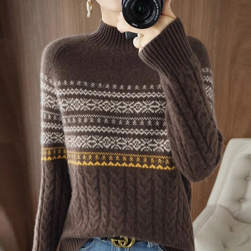 民族风半高领羊毛衫女内搭打底衫复古提花宽松毛衣保暖针织衫百搭