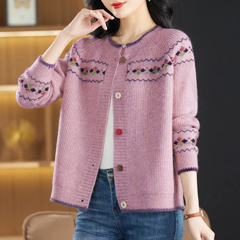 纯羊毛衫女百搭圆领针织开衫大码宽松减龄毛衣外套短款外搭外套