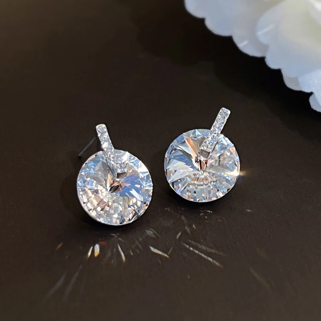 合金仿水晶耳饰 杨杨babytime 闪亮通透几何圆形水晶耳钉高级通勤