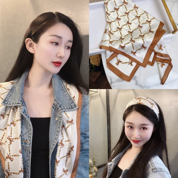 杨杨babytime 经典款休闲棕色小马花纹丝巾夏季多种搭配