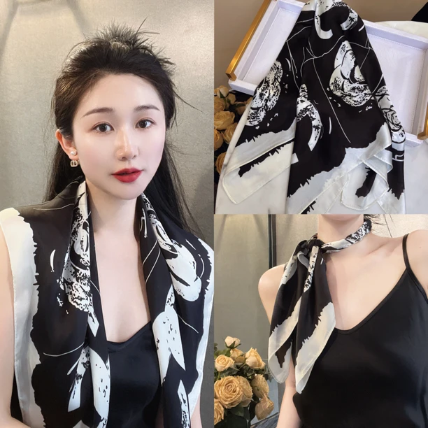 杨杨babytime 香香风印花山茶花丝巾时尚百搭黑白薄款-70cm