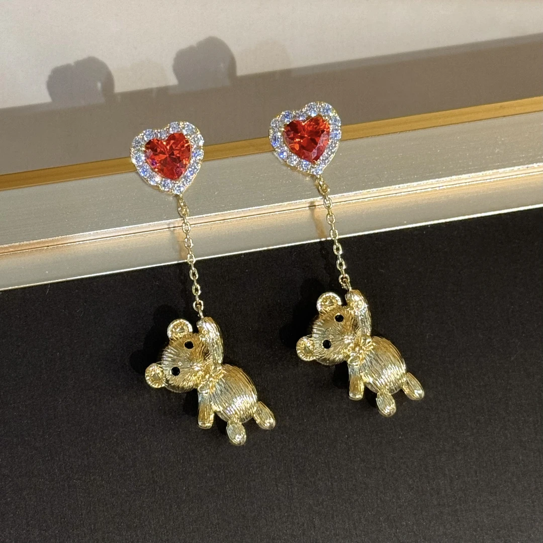 铜合金仿水晶耳饰 可爱童趣红水晶爱心小熊耳钉气球糖果熊耳饰