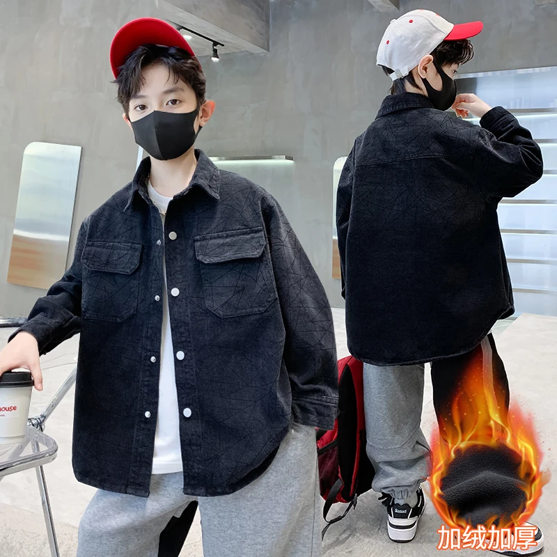 加绒加厚2023冬季新款韩版洋气儿童牛仔外套中大童男孩保暖上衣潮